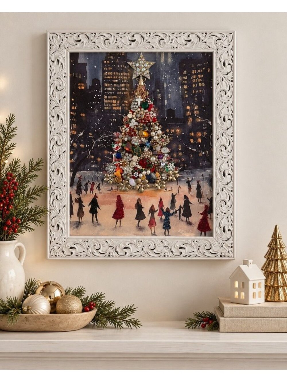 Designs by Betty Dodd Jeweled Christmas Tree Framed Jewelry Art Winter Scene